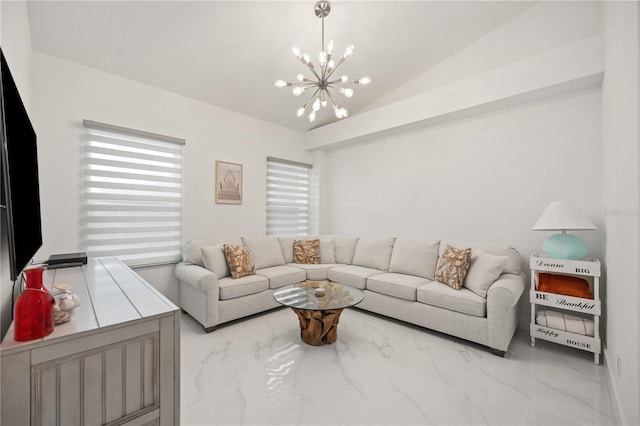 living room featuring a notable chandelier and lofted ceiling