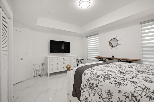 bedroom with a closet and a tray ceiling