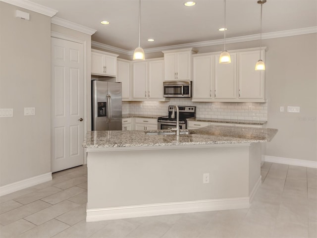 kitchen featuring stainless steel appliances, white cabinetry, hanging light fixtures, and light stone counters