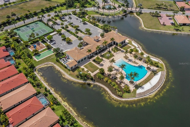 drone / aerial view with a water view