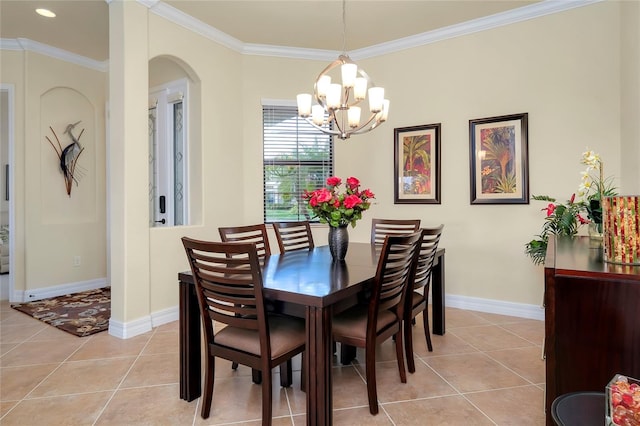 tiled dining area with a chandelier and ornamental molding