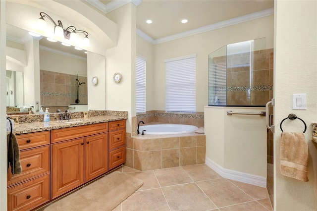 bathroom with tile patterned flooring, shower with separate bathtub, vanity, and crown molding