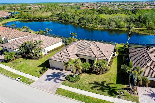 drone / aerial view featuring a water view