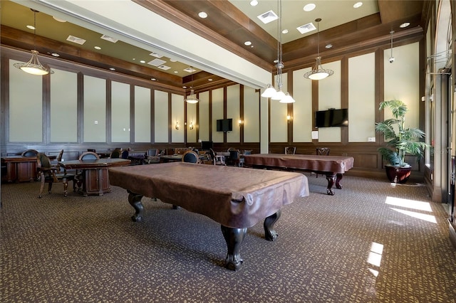 rec room featuring carpet floors, a high ceiling, billiards, and ornamental molding