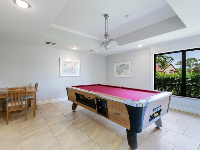 recreation room with light tile patterned floors, crown molding, and billiards