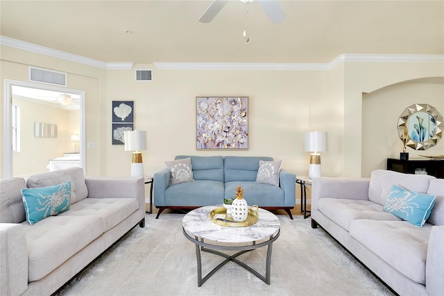 20100 Ragazza Cir Unit 101, Venice, FL 34293 - living room featuring ceiling fan, ornamental molding, and light wood-style floors
