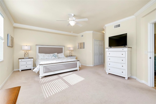 20100 Ragazza Cir Unit 101, Venice, FL 34293 - bedroom with crown molding, light colored carpet, a closet, and a ceiling fan