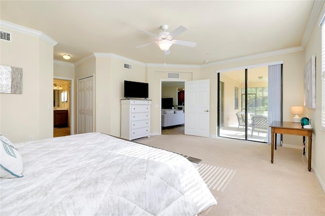 bedroom with a closet, ceiling fan, crown molding, and access to exterior