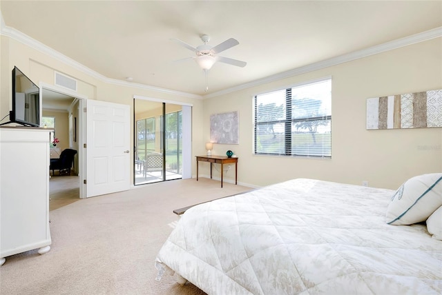 bedroom featuring ceiling fan, access to exterior, light carpet, and multiple windows