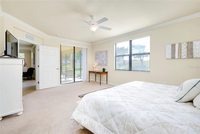 20100 Ragazza Cir Unit 101, Venice, FL 34293 - carpeted bedroom featuring crown molding, access to exterior, and ceiling fan