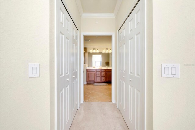 20100 Ragazza Cir Unit 101, Venice, FL 34293 - corridor with crown molding, light carpet, and light tile patterned floors