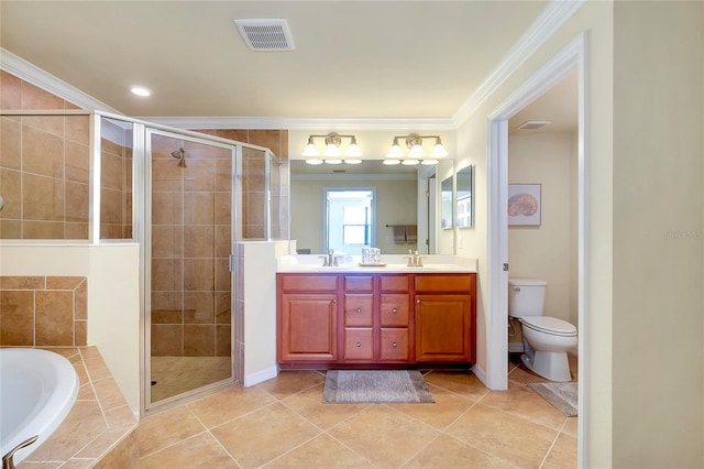 20100 Ragazza Cir Unit 101, Venice, FL 34293 - full bathroom featuring a shower stall, ornamental molding, double vanity, a garden tub, and tile patterned flooring