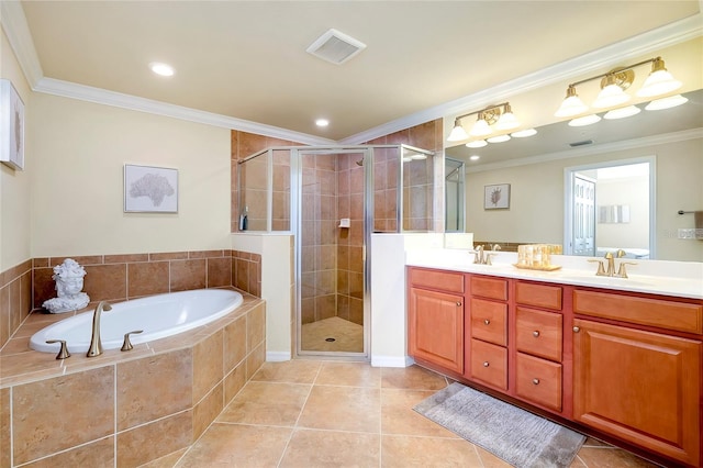 bathroom with shower with separate bathtub, vanity, and crown molding