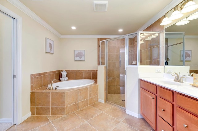 20100 Ragazza Cir Unit 101, Venice, FL 34293 - full bath with vanity, a garden tub, a shower stall, tile patterned flooring, and ornamental molding