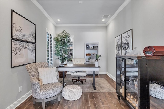 office featuring crown molding and hardwood / wood-style flooring