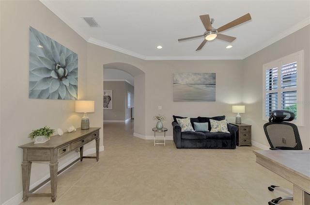 living room featuring crown molding, ceiling fan, and light tile patterned floors