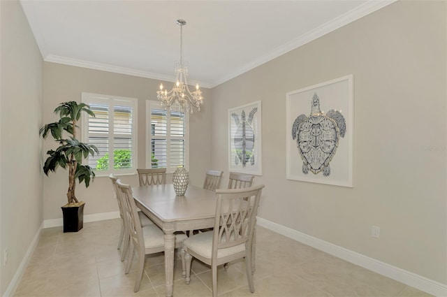 tiled dining space with an inviting chandelier and ornamental molding