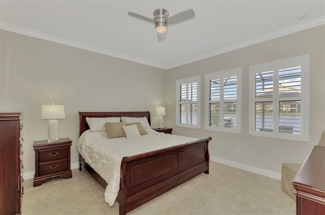 tiled bedroom featuring ceiling fan and crown molding