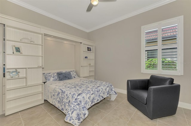 tiled bedroom featuring ceiling fan and ornamental molding