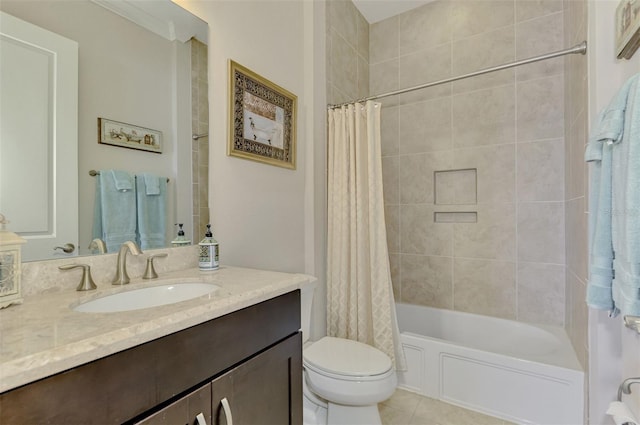 full bathroom with tile patterned floors, vanity, shower / bath combination with curtain, and toilet