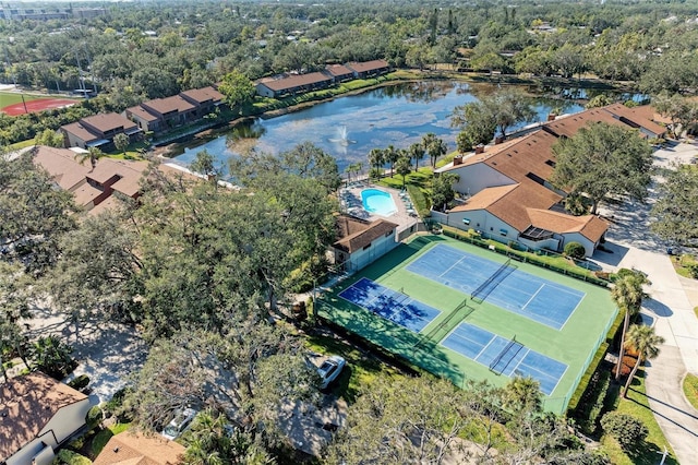 birds eye view of property featuring a water view