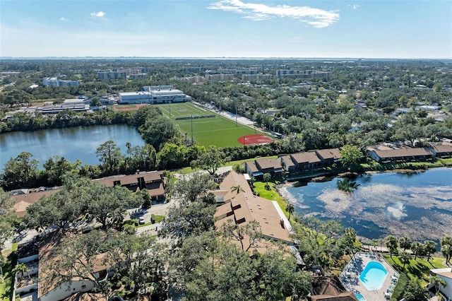 aerial view featuring a water view