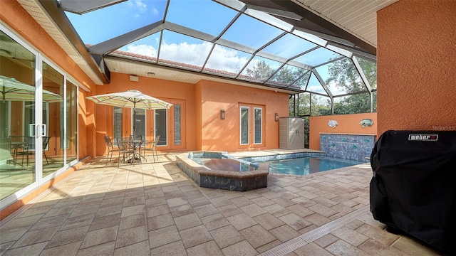 view of swimming pool featuring glass enclosure, french doors, a hot tub, a patio area, and area for grilling