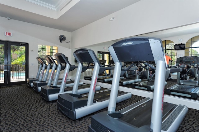 exercise room featuring crown molding and dark carpet