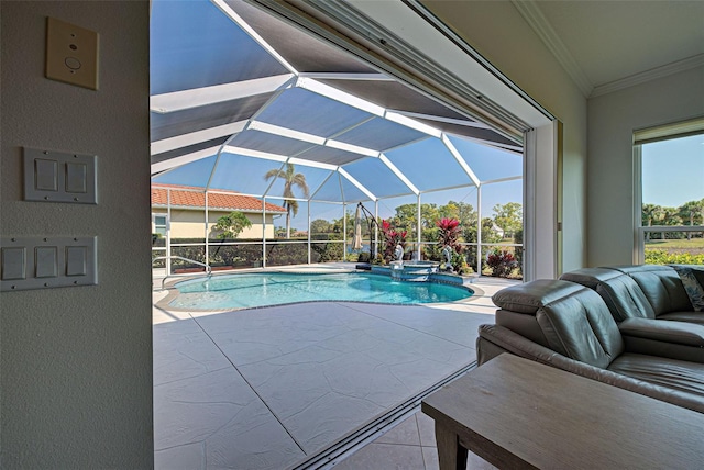 view of swimming pool featuring a patio area, an in ground hot tub, and glass enclosure