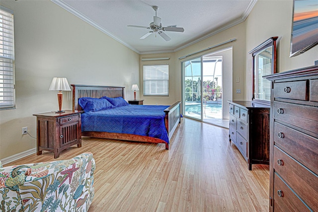 bedroom with a textured ceiling, access to exterior, ceiling fan, light wood-type flooring, and crown molding