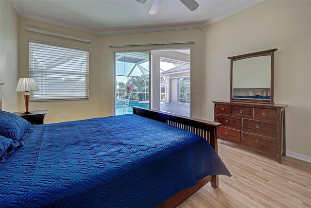 bedroom with access to exterior, ceiling fan, crown molding, and light hardwood / wood-style flooring