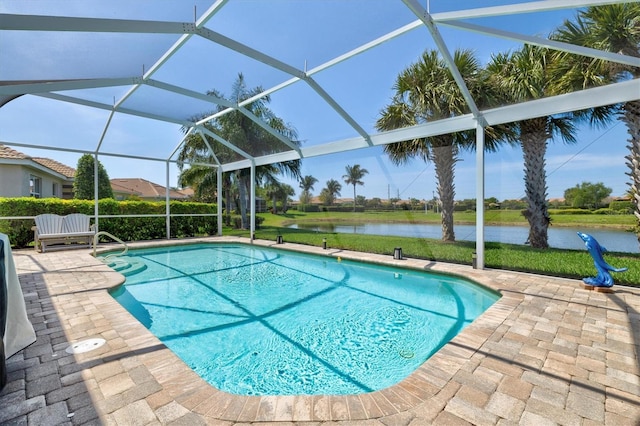 view of swimming pool featuring a lanai, a water view, and a patio