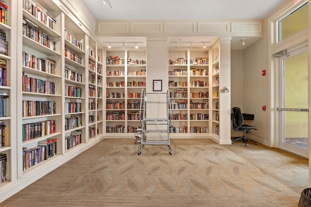 unfurnished room with track lighting and light colored carpet