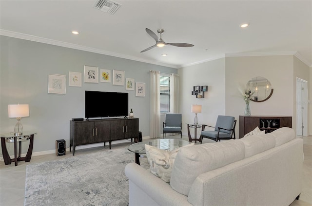 tiled living room with ceiling fan and ornamental molding