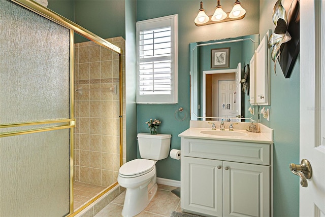 bathroom with tile patterned flooring, vanity, toilet, and a shower with door