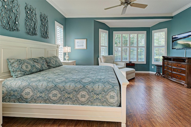 bedroom featuring ceiling fan, wood finished floors, baseboards, and ornamental molding