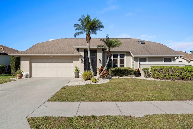 ranch-style house featuring a garage and a front lawn