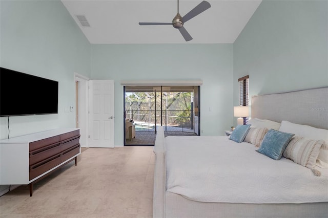 bedroom featuring ceiling fan and access to exterior