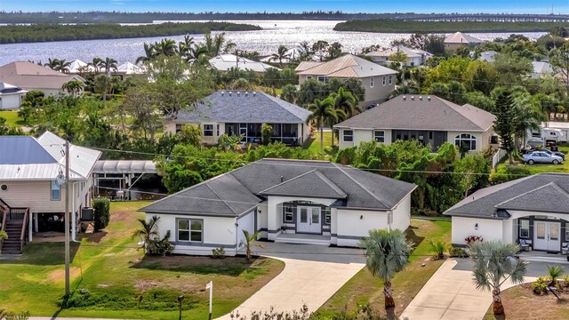 exterior space with a water view