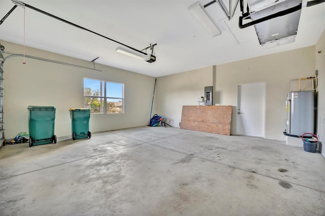 garage with electric panel, water heater, and a garage door opener