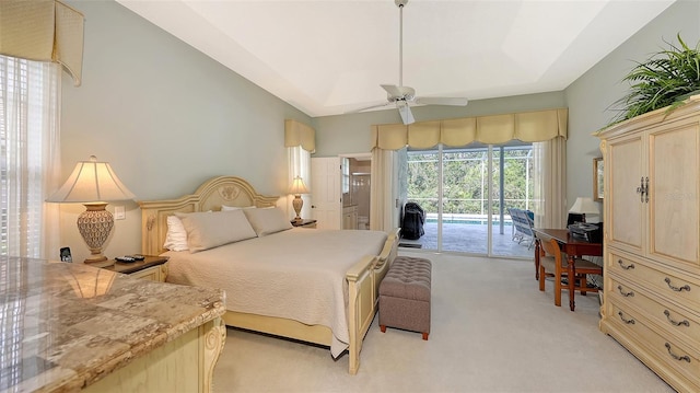 bedroom with access to outside, ceiling fan, light colored carpet, and lofted ceiling