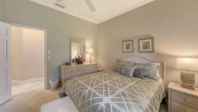 275 Royal Oak Way, Venice, FL 34292 - bedroom featuring crown molding, light carpet, ceiling fan, and light tile patterned floors