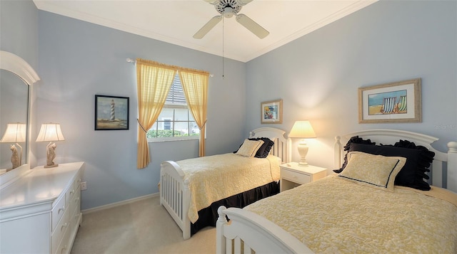 bedroom featuring ceiling fan, light colored carpet, and ornamental molding