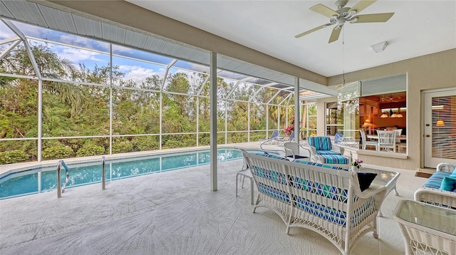 275 Royal Oak Way, Venice, FL 34292 - swimming pool featuring outdoor lounge area, a patio, ceiling fan, and glass enclosure