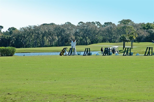 view of property's community with a lawn and a water view