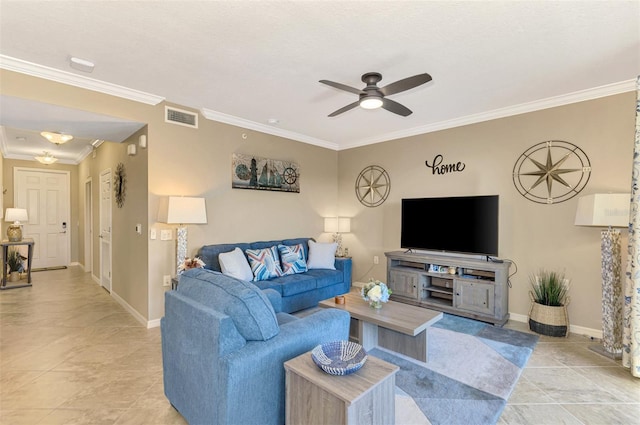 living room featuring ceiling fan, ornamental molding, and light tile patterned floors