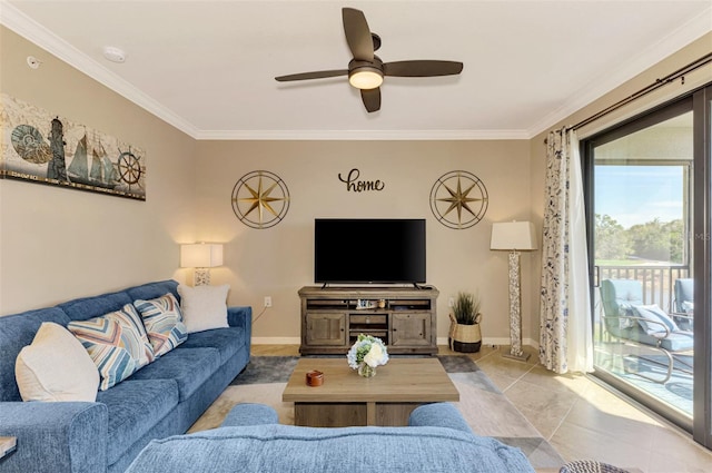 tiled living room with ceiling fan and crown molding