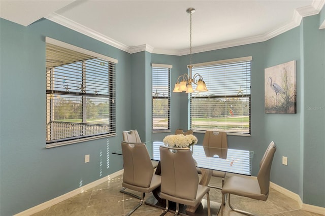 dining area featuring tile patterned floors, an inviting chandelier, and crown molding