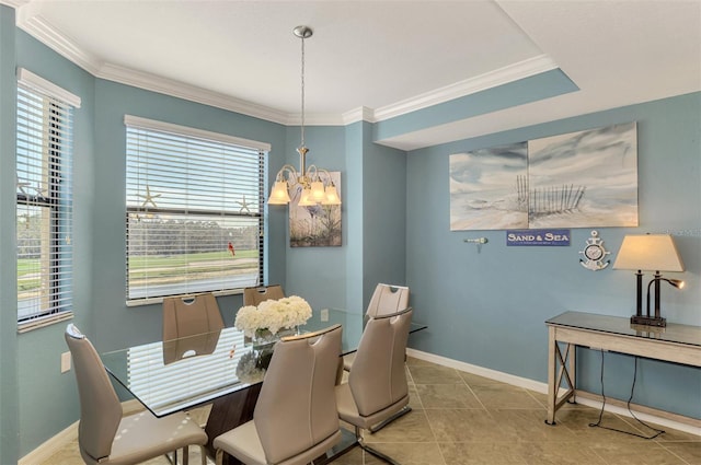 dining room featuring light tile patterned floors, crown molding, and a chandelier