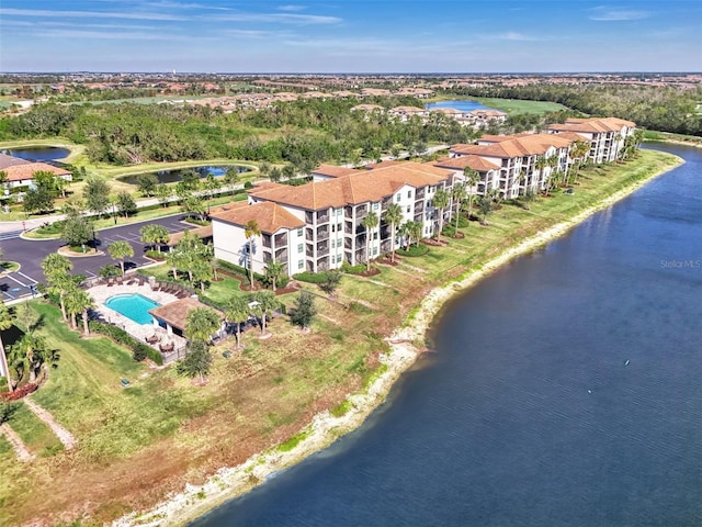 drone / aerial view featuring a water view